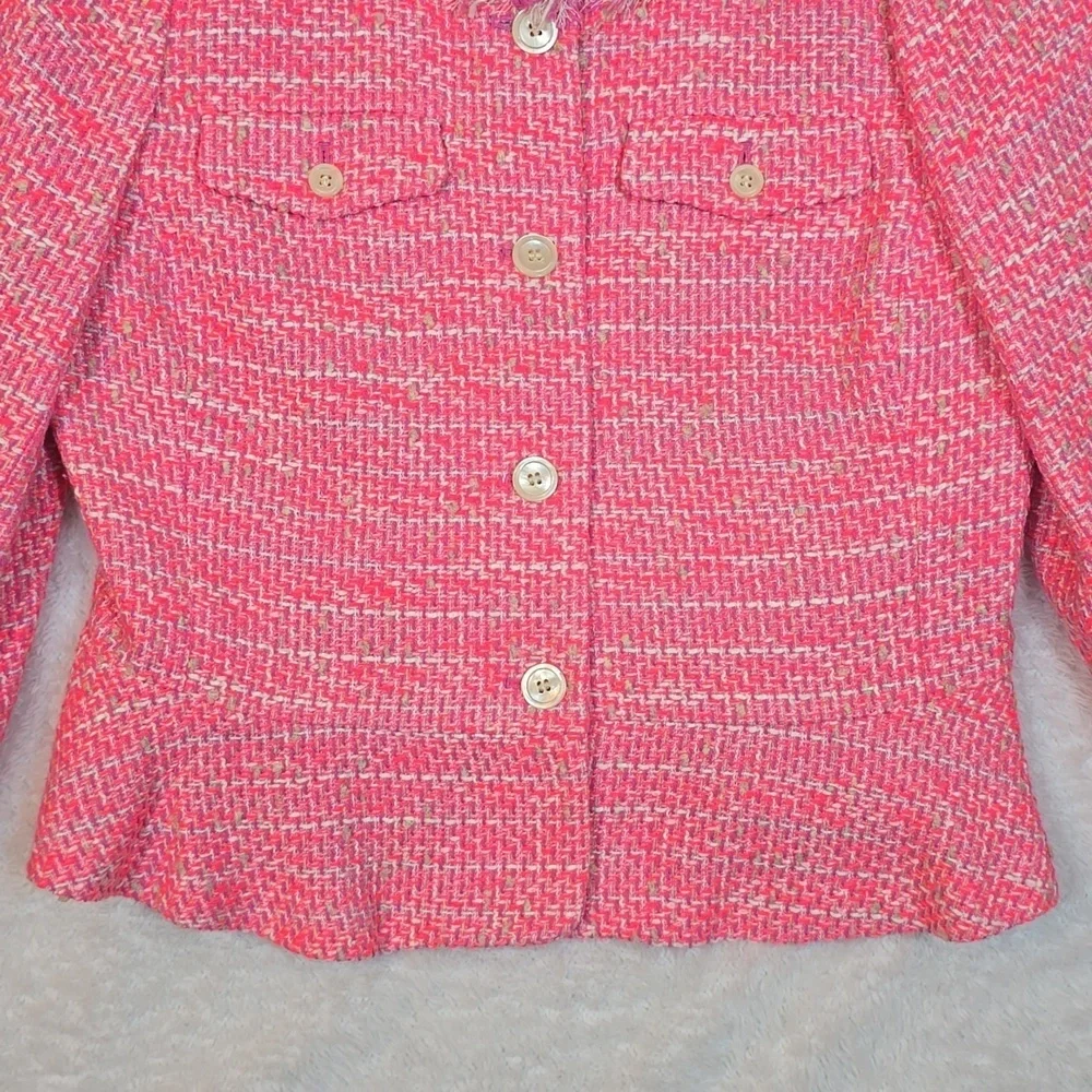 J.Crew Hot Pink Barbiecore Cotton Jacket Tweed Peplum Fringe Blazer Sz. 10